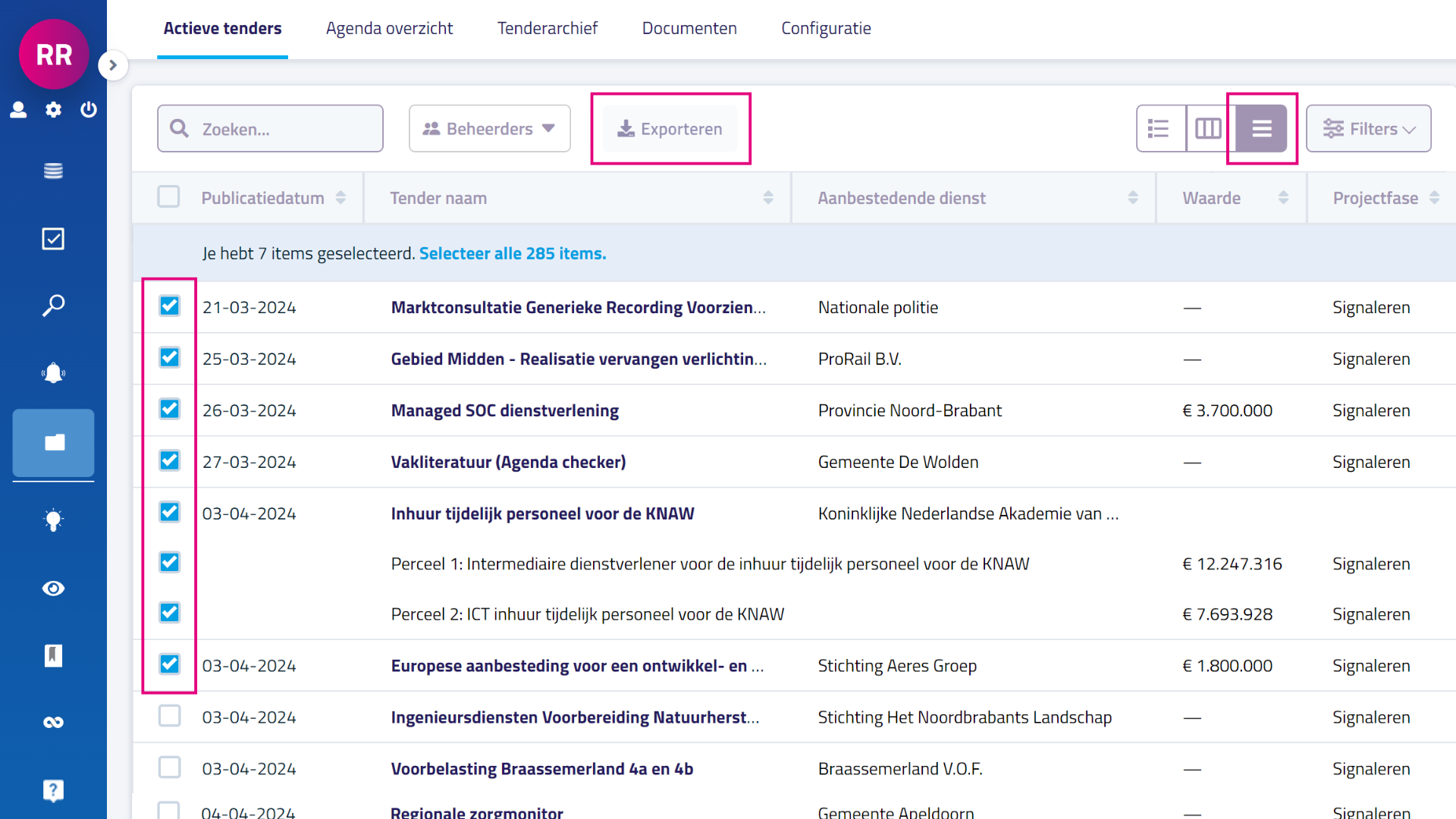 Exporteren actieve tenders