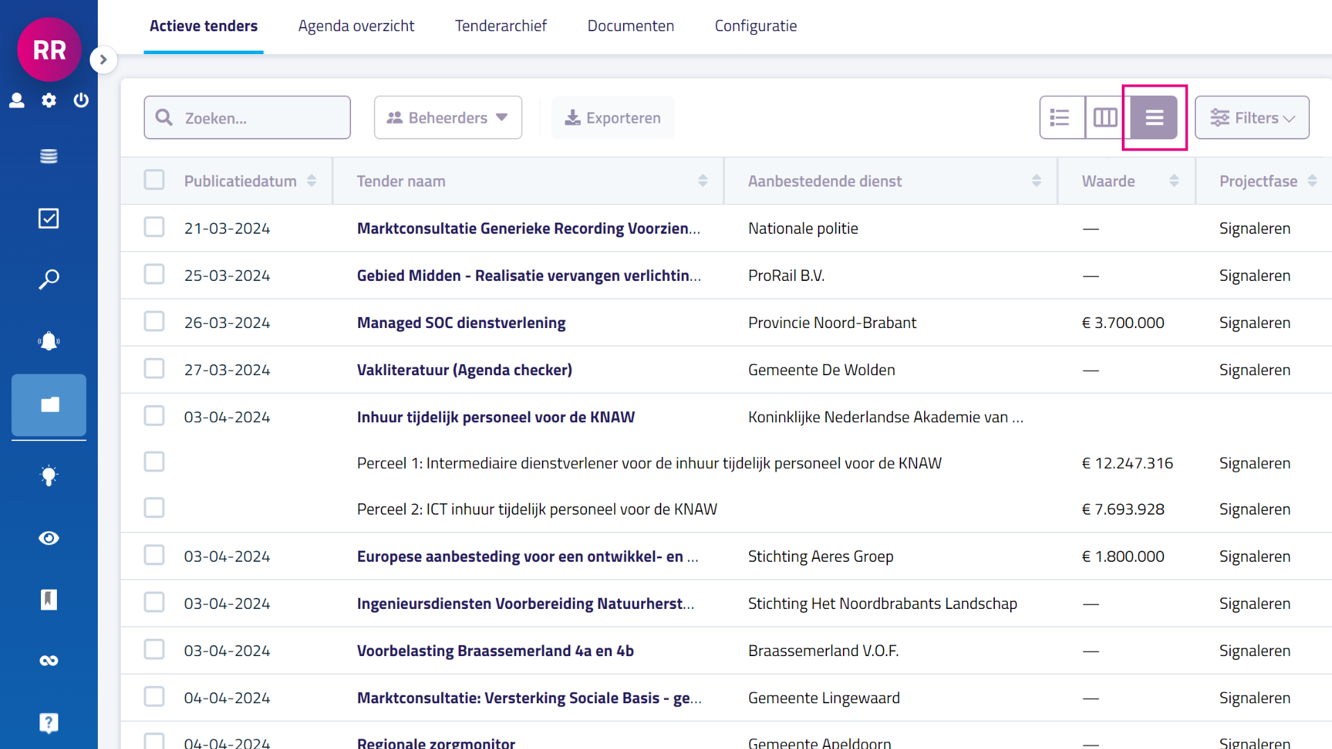Tabelweergave actieve tenders